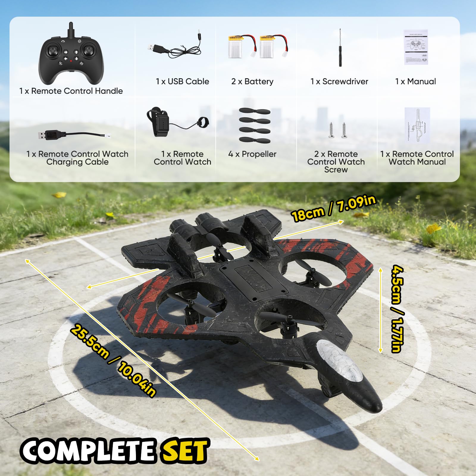 Avion Télécommandé, Double Contrôle (Télécommande & Commande au Poignet), RC Avion 360° Rotation, 3 Vitesses, avec Lumière LED et Hélice de Rechange, Avion Extérieur pour Enfants (Rouge)