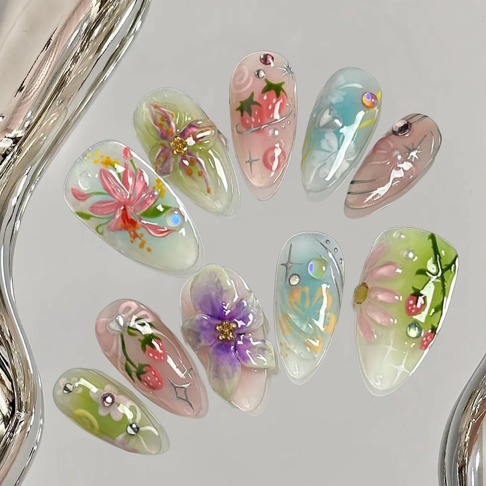 FrostyFlair Press On Nails, 30 Pieces 3D Flower Sticker Nails, Medium Almond Fake Nails - Image 4