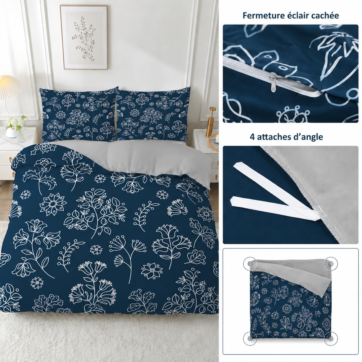 Bettwäsche 220x240 cm Blau Geblümt Bettwäsche-Sets Bettbezug 220 x 240 cm + 2 Kissenbezug 80x80 cm, Graue Pflanze Weich Mikrofaser Bettbezüge 3 Teilig mit Reißverschluss