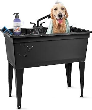 Tehila Freestanding Double-Wide Utility Sink with Steel Legs & Black Pull-Out Faucet, Multi-Purpose Heavy-Duty Laundry Tub and Kitchen Sink for Homes & Business, Black