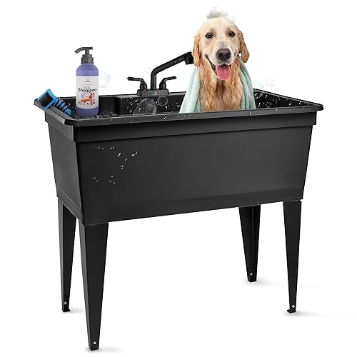 Tehila Freestanding Double-Wide Utility Sink with Steel Legs & Black