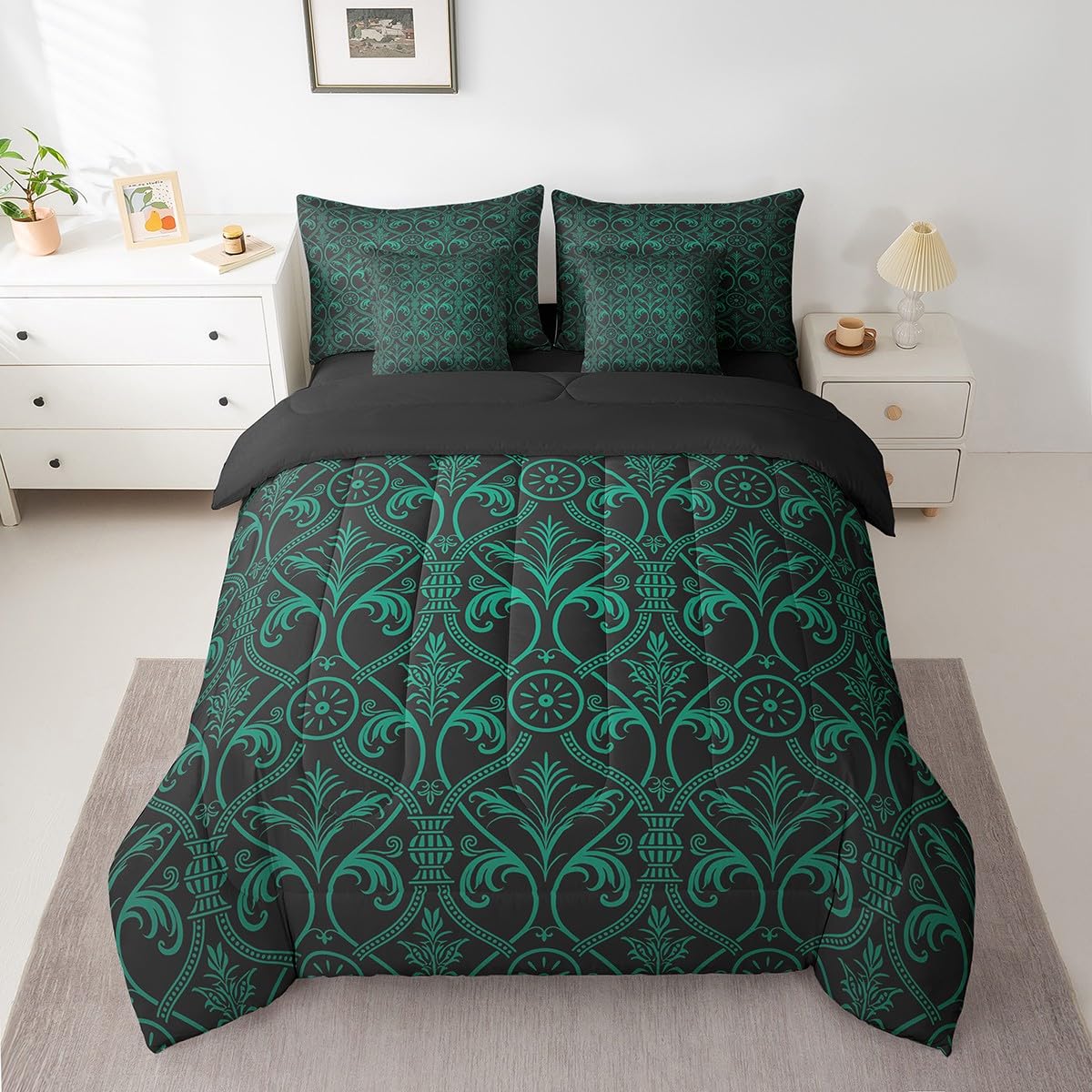Goth Bedding Black Teal Gothic Duvet Cover King - Vintage Boho Damask  Floral Bedding Set 3 Piece Black Teal Floral, image size:1200x1200