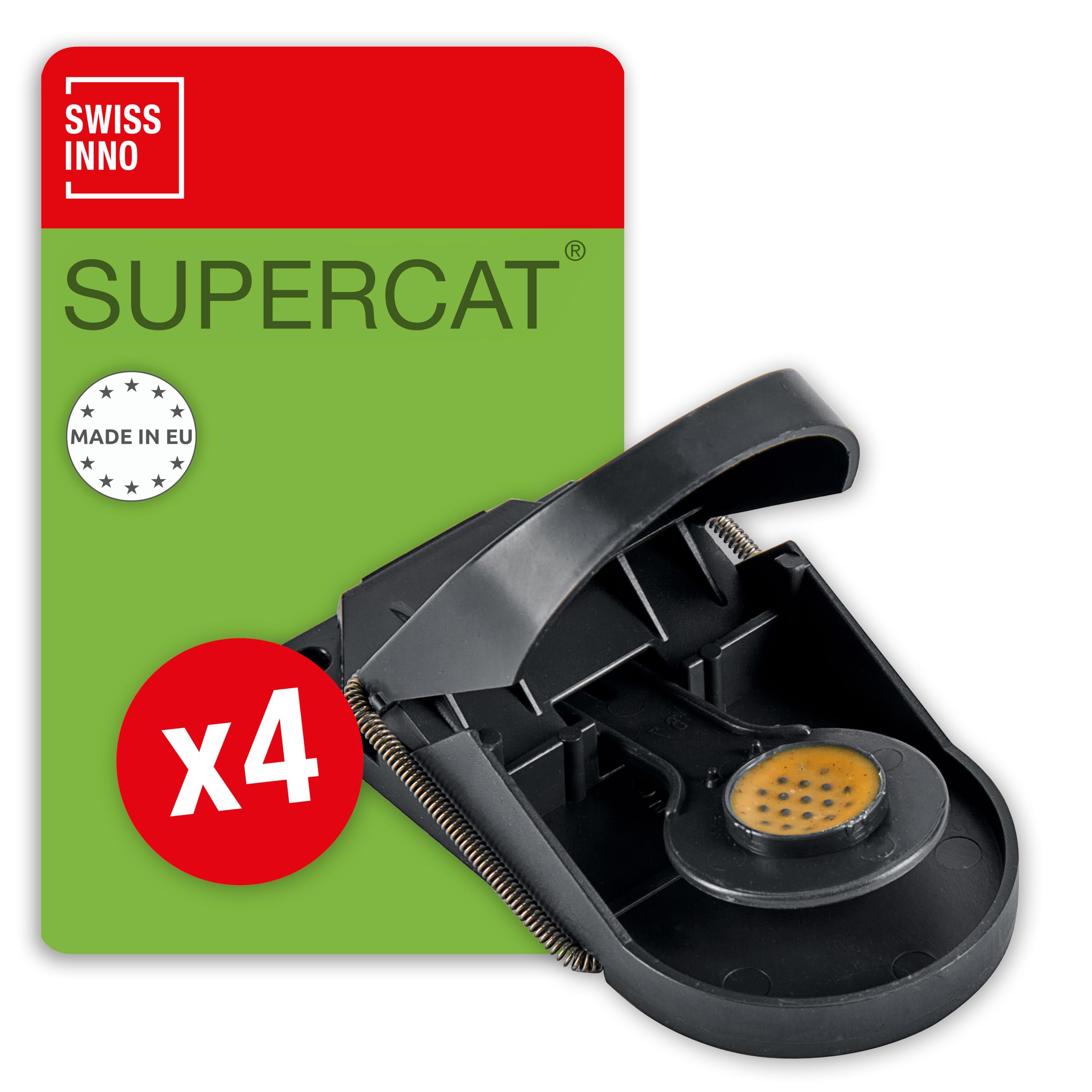 SWISSINNO Mausefalle SuperCat – 4 Wiederverwendbare Schlagfallen mit vorbefülltem Köder – Effektive Mäusefalle für Haus & Garten – Präziser Fangmechanismus für drinnen & draußen
