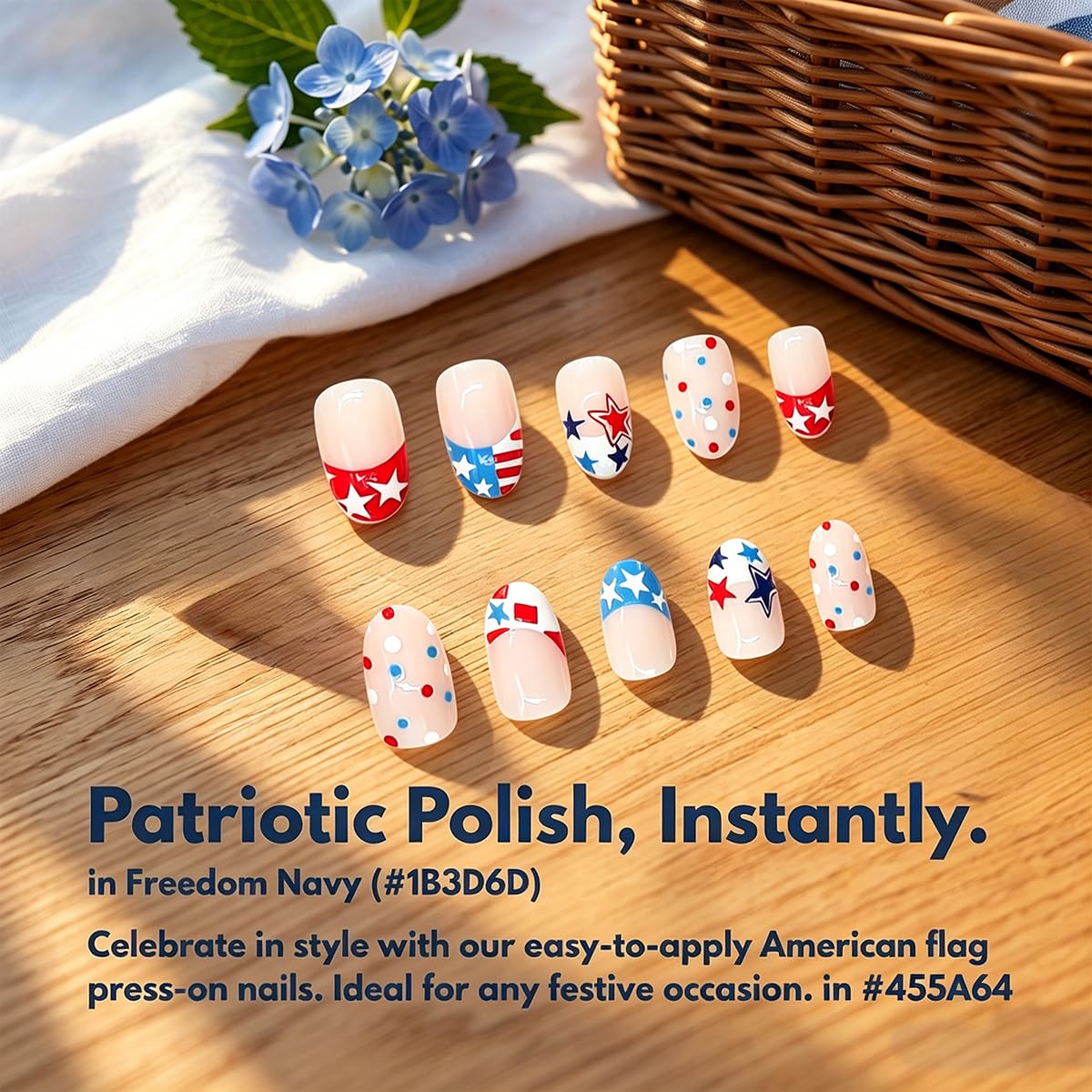 4th of July Press on Nails Short Almond French Fake Nails Red White Blue Colorful Dots Star Independence Day Nails for Women Manicure 24pcs