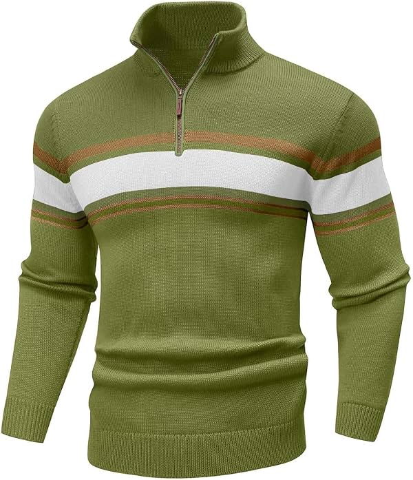 Wizoat Suéter con Cremallera de Cuarto para Hombre, Casual, a Rayas, Manga Larga, Otoño Invierno, Cálido, Polo, Pullover, Verde Guisante