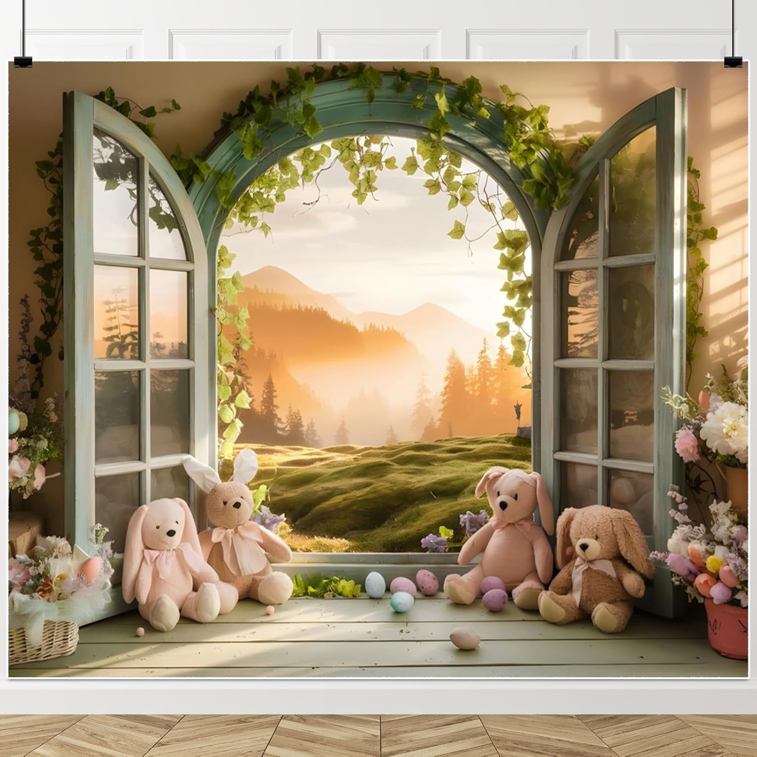 Spring Easter Garage Door Decorations 7x16ft Spring Garden Garage Door covers Happy Easter Backdrop Window Bunny Eggs Background Large Easter Garage Door Cover Outdoor Indoor Decor