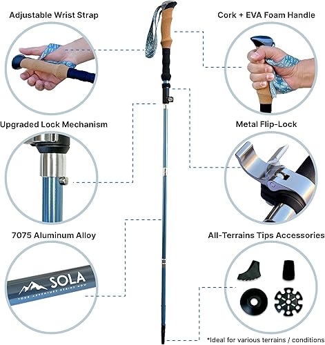 Miniatura 2 de SOLA - Bastones de senderismo ligeros y plegables, aleación de aluminio 7075 con agarres de corcho antisudor, ideal para caminar nórdico, senderismo