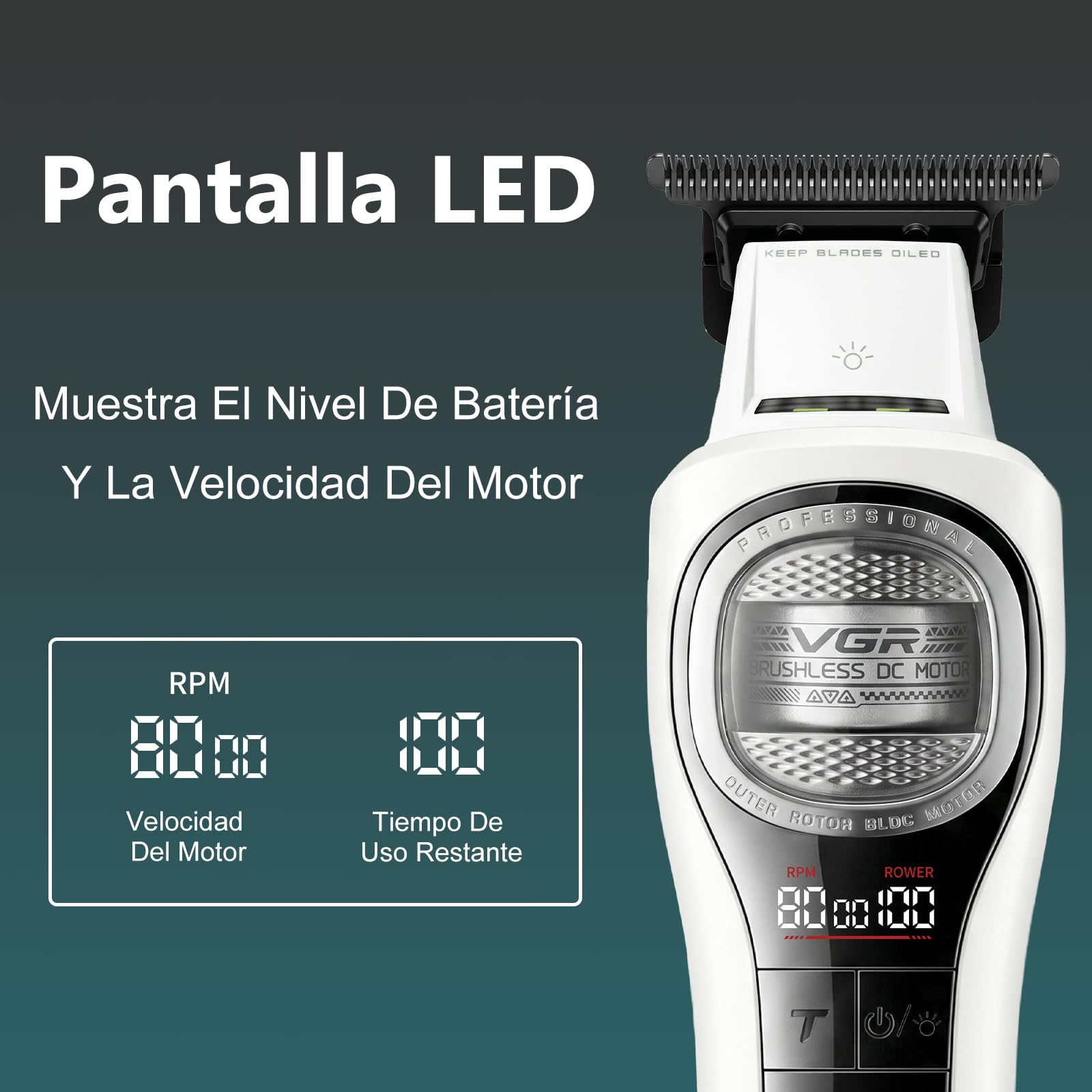 VGR 888C Cortapelos Profesional Inalámbrico, Función Turbo, Blanco | Motor BLDC De Rotor Externo, Luz Integrada, Base De Carga Y Pantalla LED