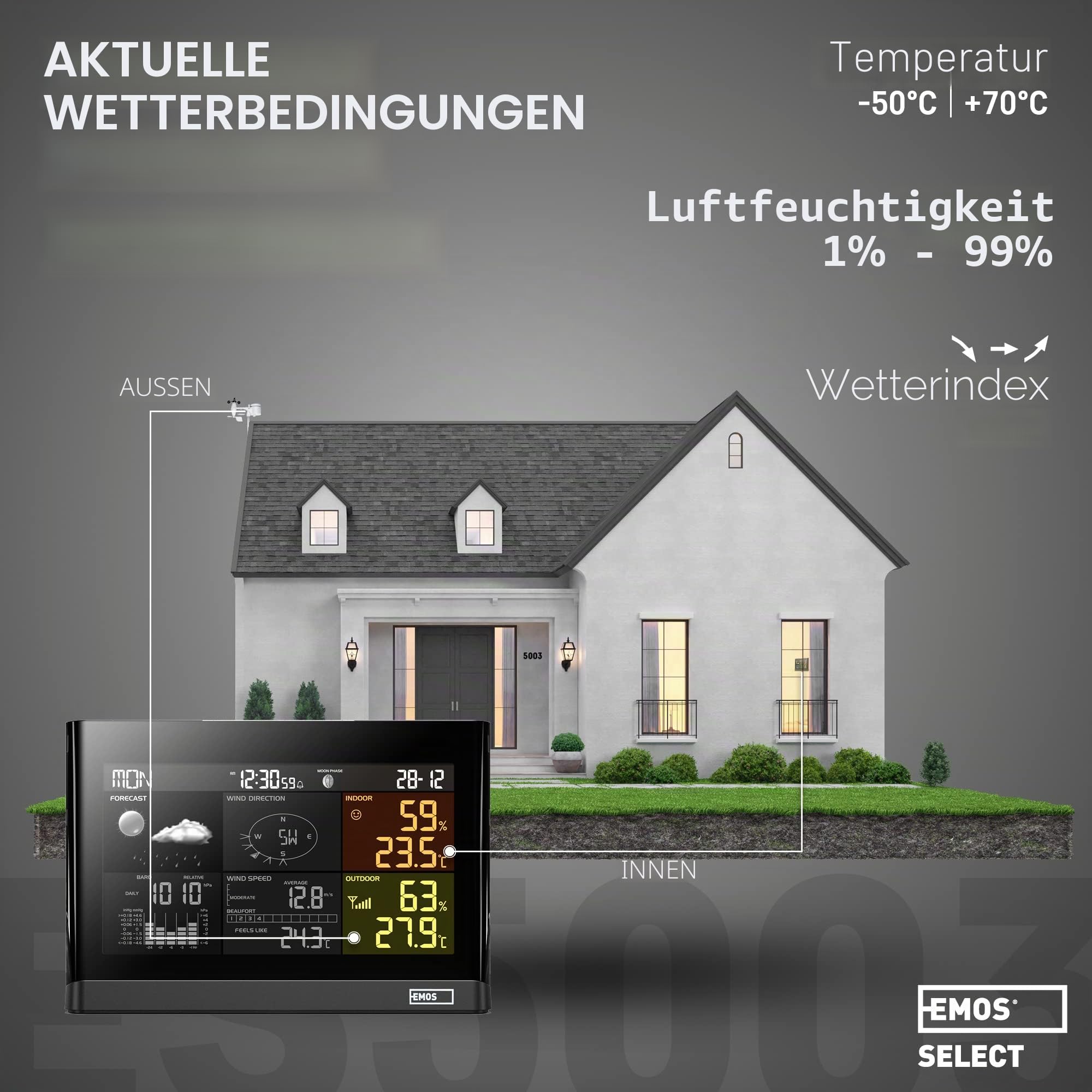 EMOS Wetterstation mit Windmesser und Regenmesser- System mit Farbdisplay, zur Wettervorhersage, für drinnen & draußen, Datum, Temperatur, Luftfeuchtigkeit, Luftdruck - 12-24 Stunden Vorhersage