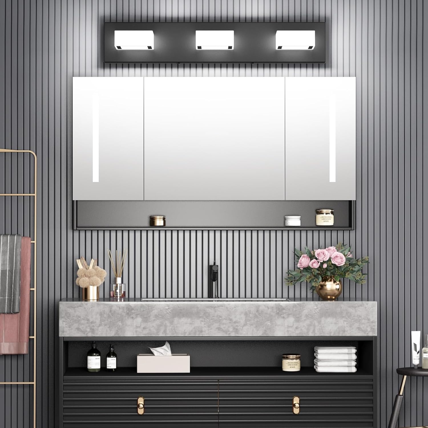 Ralbay Black Bathroom Vanity Lights 24inch Metal Acrylic LED Modern Bathroom Wall Lighting Fixtures Over Mirror Matte Black (White Light 6000K, Non-dimmable)