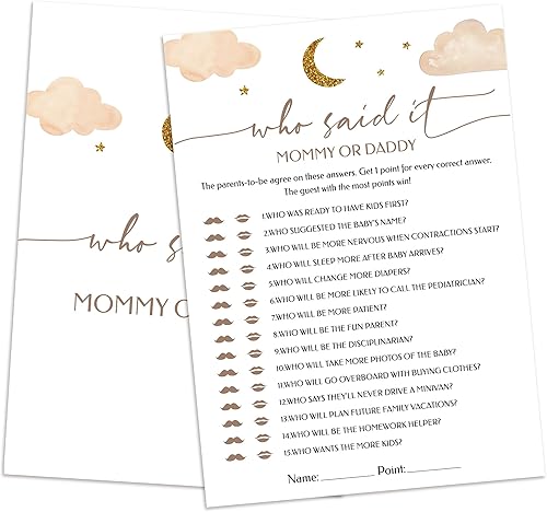 Adivina quién mamá o papá juego de adivinanzas, juego de 25 cartas, juego de baby shower para niña o niño, fiesta de revelación de género, Twinkle