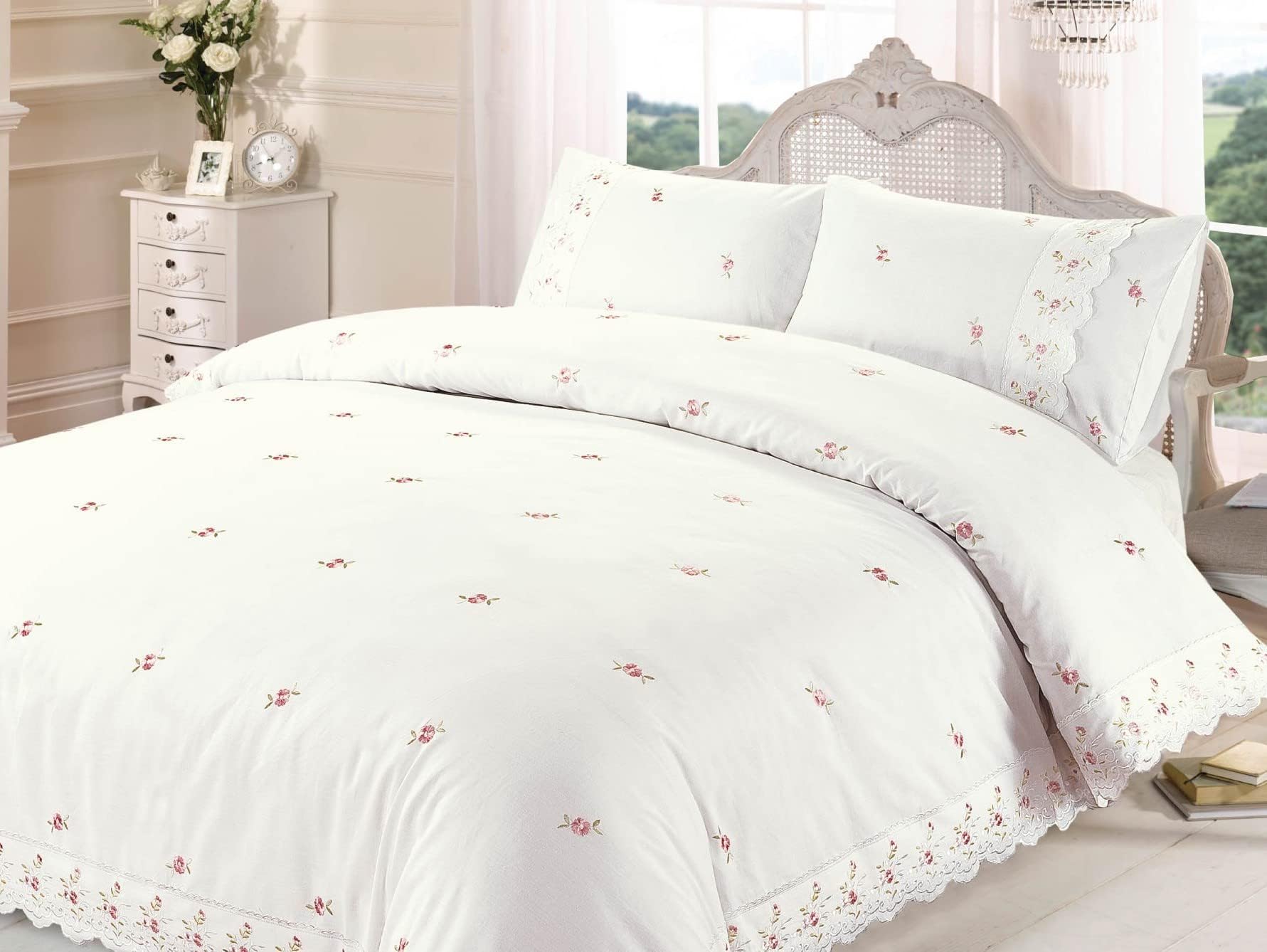 Rapport Home Sophie Floral Ruffled Double Duvet Cover Set - Cream Polycotton Bedding with 2 Pillowcases, Machine Washable
