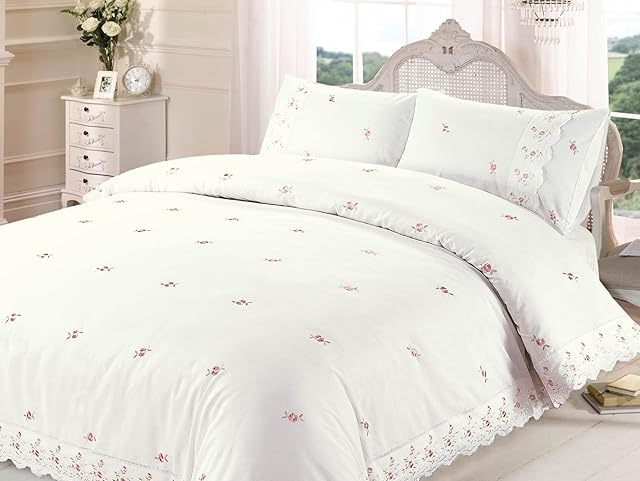 Rapport Home Duvet Quilt Cover Floral Lace Trim Embroidered Bed Set, Polyester-Cotton, Cream, Double