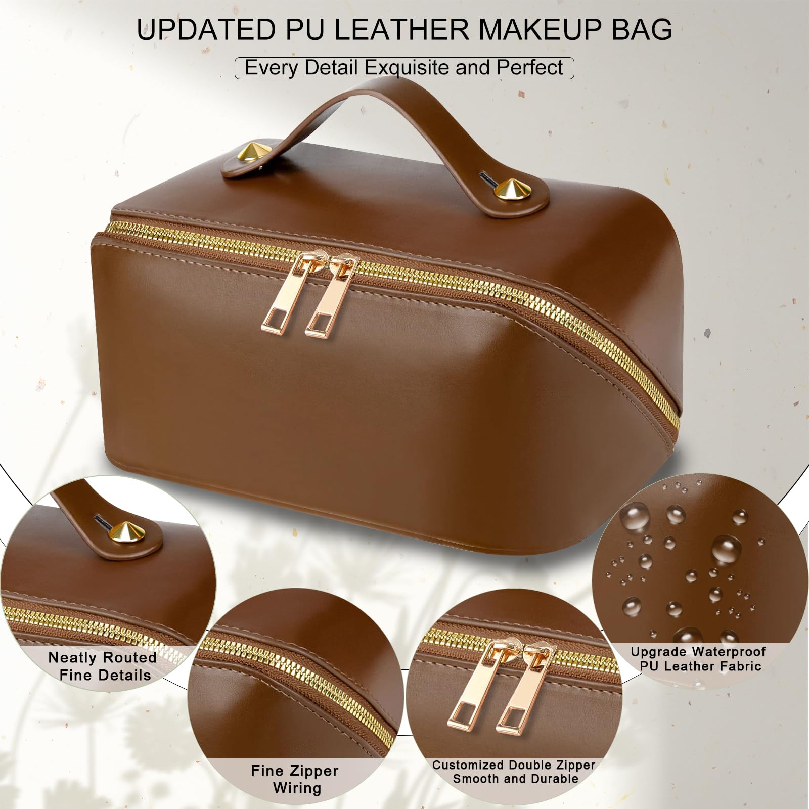 Neceser Maquillaje Grande de PU Cuero - Bolsa de Viaje XXL para Mujer - Organizador de Aseo y Makeup Bag - Accesorios de Viaje (Liso-Marrón)