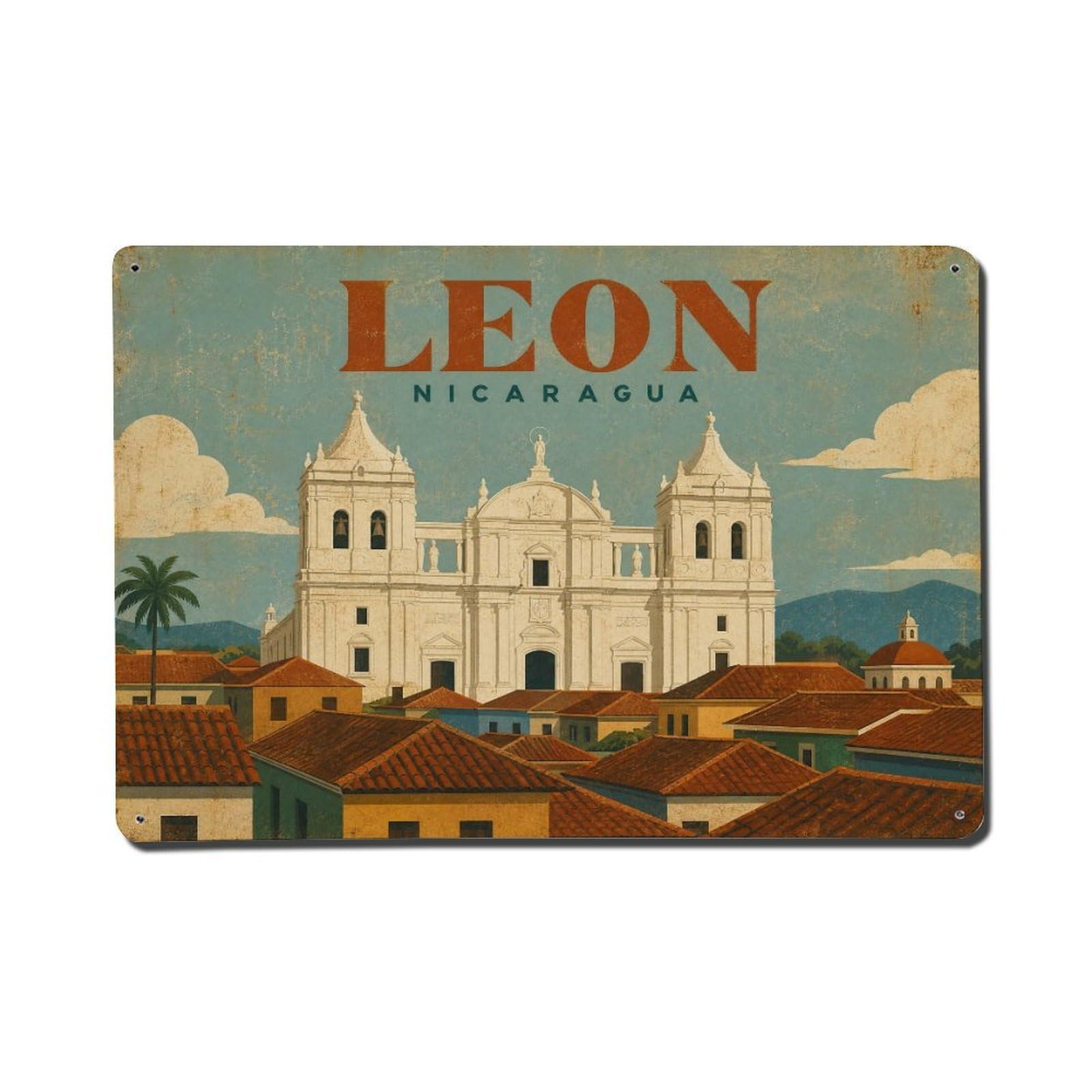 Vintage Travel Nicaragua Leon Metal Tin Sign