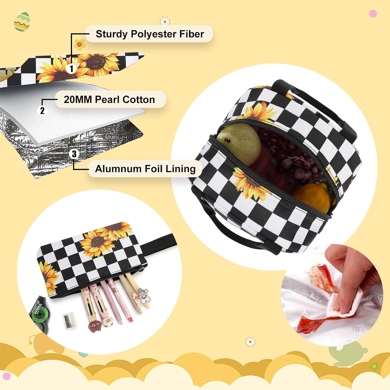 Girls Backpack Set, 3PCS Kids School Backpack for Girls Elementary Middle School Bags with Lunch Box Pencil Case (Checkered Sunflower)