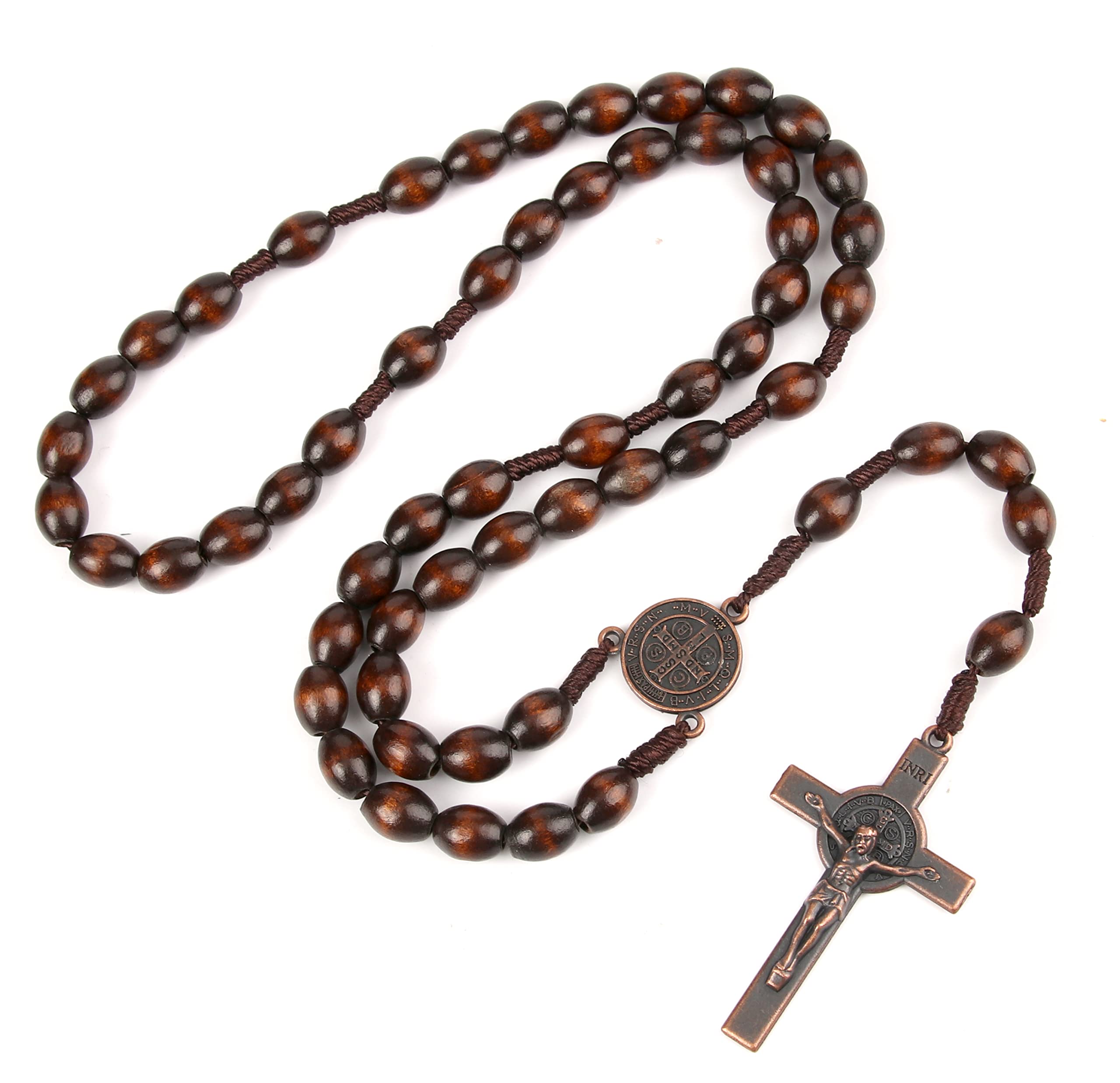 Handmade Wooden Catholic Rosary With Metal Crucifix - Prayer Beads Cross Necklace for Christianity