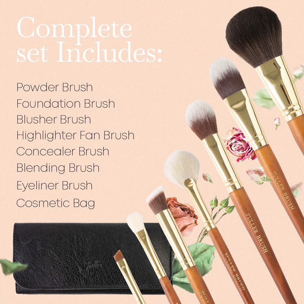 Fuller Brush Cosmetic Brush Set with Case – 7-Piece Makeup Brush Collection for Face & Eyes – Includes Powder, Foundation, Blush, Concealer, Eyeliner, Fan & Blending Brushes – Synthetic Bristles