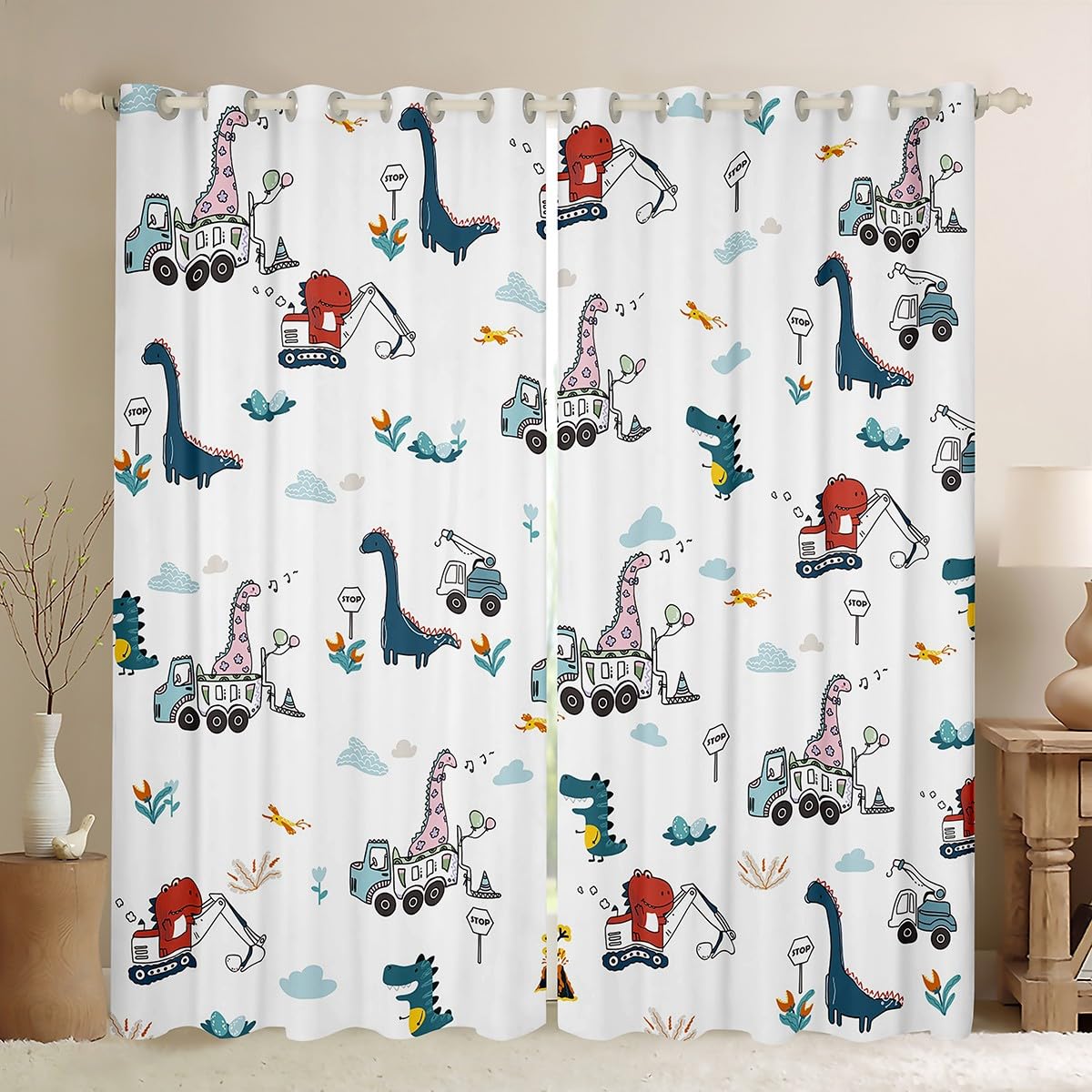 Homemissing Cartoon Dino Excavator Window Curtains Dinosaur Construction Blackout Curtains(30%-50%) Kids toddler Construction Vehicles Window Dreapes Construction Site Cars Window Treatments W46*L72