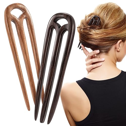Noverlife 2 palillos de madera para el cabello, horquilla de montaña en forma de U para mujer, peinado clásico, horquilla de madera artesanal de 2