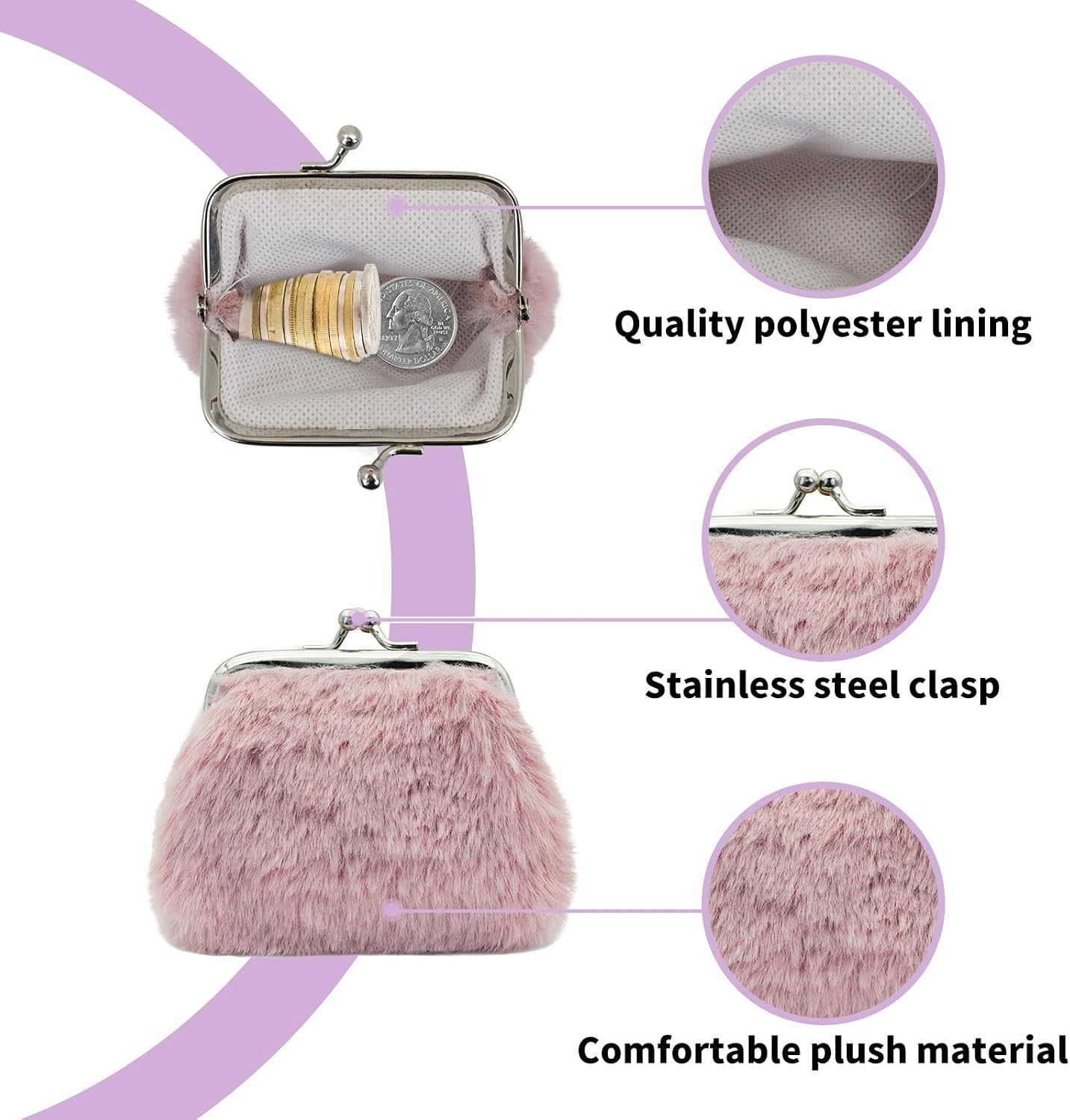2PCS Change Purse, Plush Mini Coin Pouch Portable Coin Purse for Women and Girls, Exquisite Solid Color Coin Purses Coin Wallet with Kiss Lock for Coins, Keys, Rings, Earrings (pink/black)