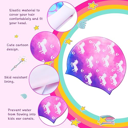 Miniatura 4 de Syhood Gorras de natación para niños, 3 unidades, impermeables, gorro de natación de dibujos animados para cabello largo y corto, para niños y niñas