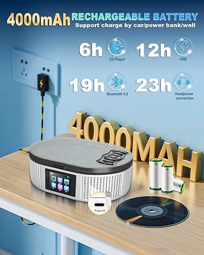Miniatura 5 de Reproductor de CD portátil con altavoces estéreo duales, 4000 mAh recargable de escritorio Bluetooth 5.3 Boombox para el hogar y el automóvil, radio