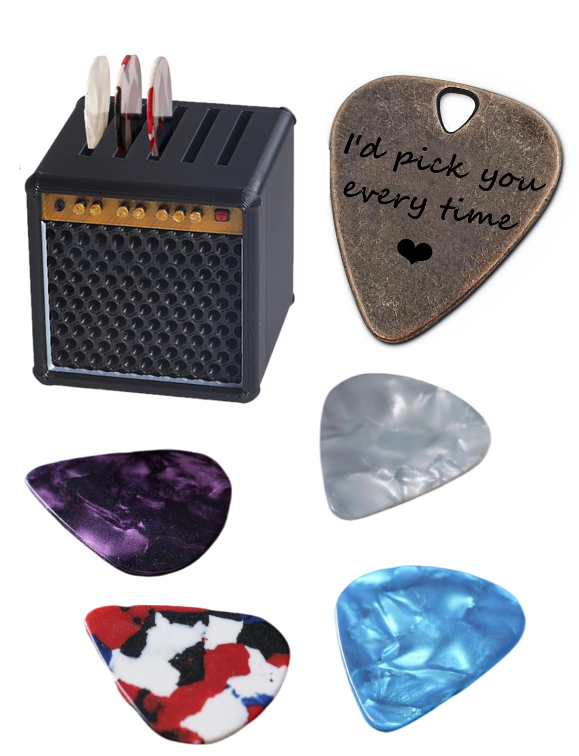 JUPPE 5Packs Guitar Pick Plectrums with Amp Speaker Holder Organizer Storage Case Metal and Variety Colorful Celluloid Plectrums for Bass Electric Acoustic Guitars Ukulele (Speaker box+5pcs picks)