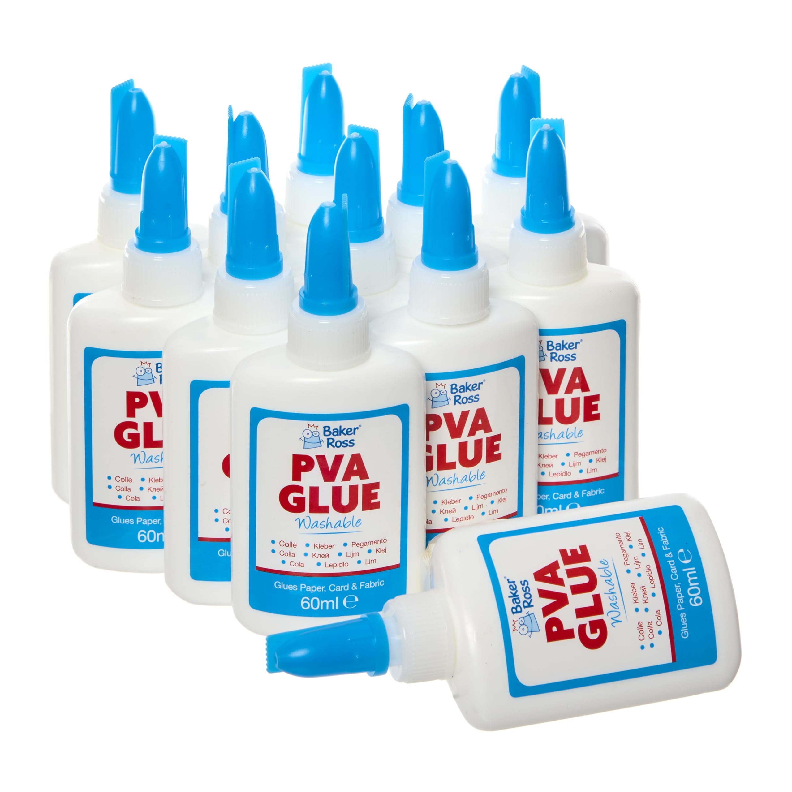 Baker Ross EV705 Mini Washable PVA Glue 60ml - Pack of 12, Precise and Washable Glue Bottles for Crafting