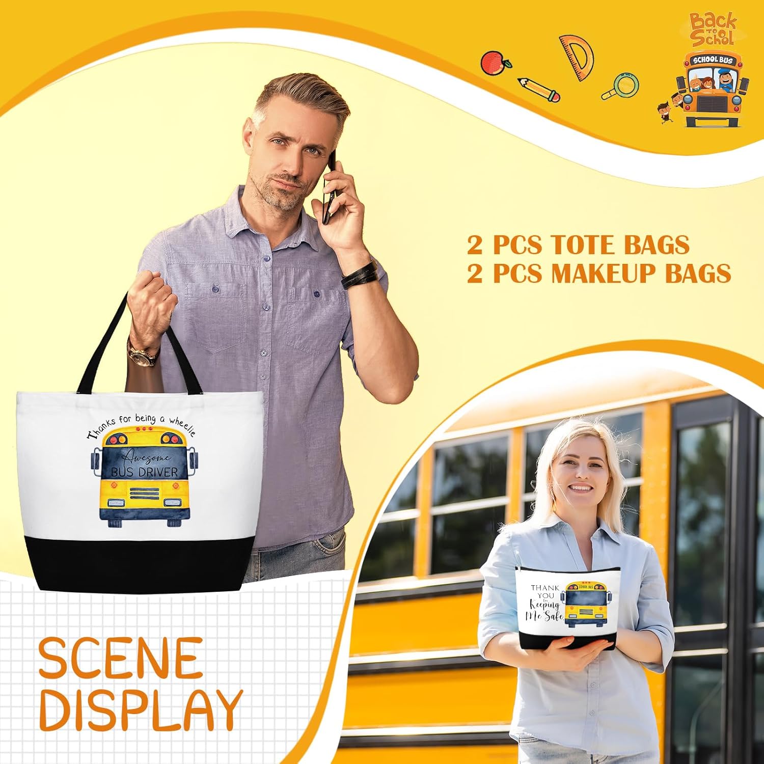 Abbylike 4 Pcs School Bus Driver Gifts Inspirational Canvas Tote Bags Makeup Bags with Zipper for Women Men Awesome Bus Driver Appreciation Day Gifts Thank You for Keeping Me Safe Back to School - Image 2