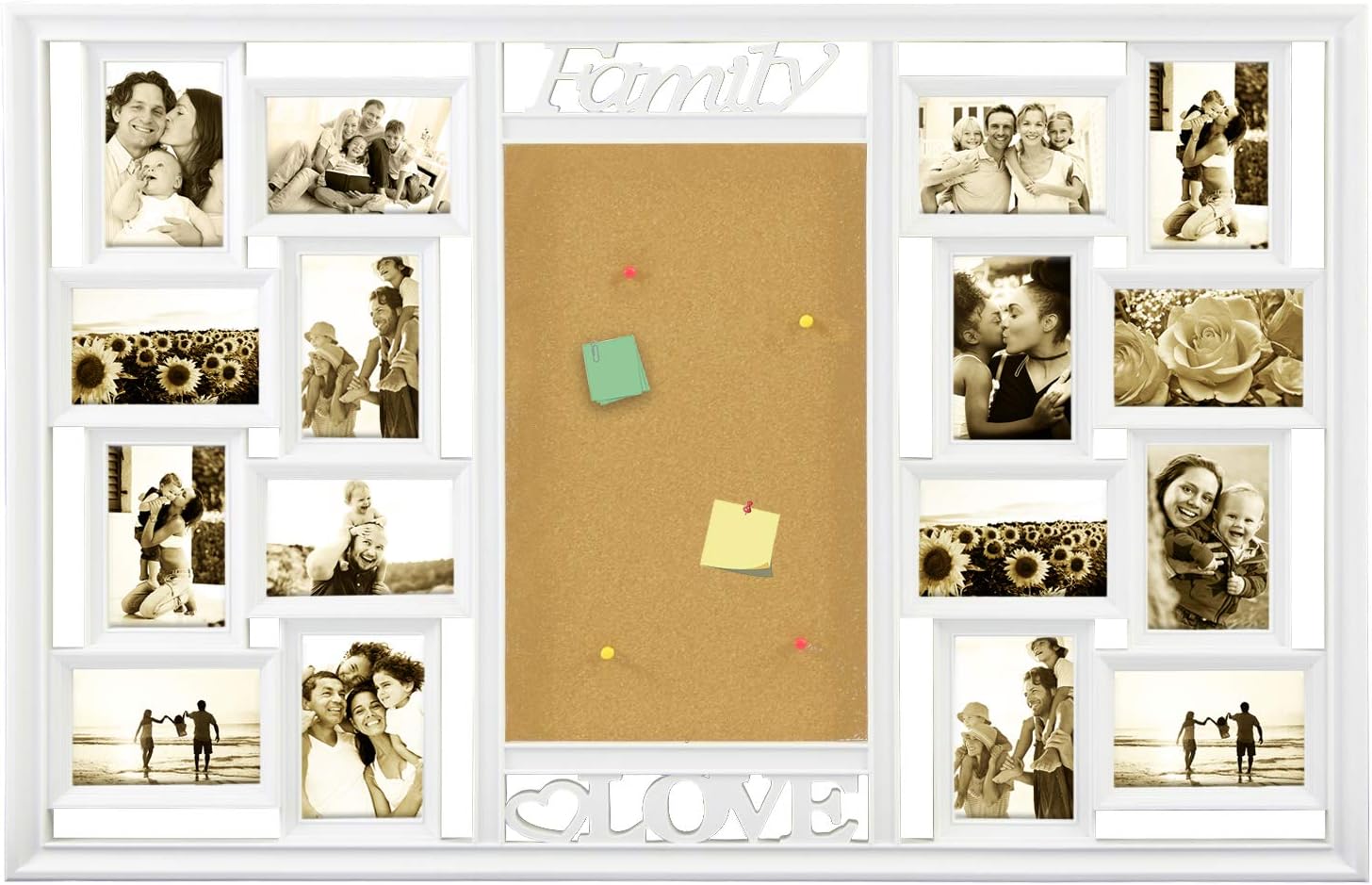 Hello Laura - Photo Frame Memory Board Beige Picture Cork Board 4x6 Collage Distressed White Picture Frame - Display Three 4x6 Photos & Free Style Cork Board - Ready to Hang or Stand W Built in Easel