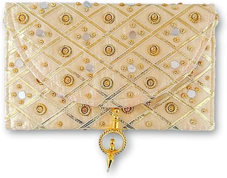 Handmade Indian Purse Wallet Clutch Traditional Ethnic Mirror Work Wedding Shaagun Money Envelope for Celebrations Events Return Gifts Cream