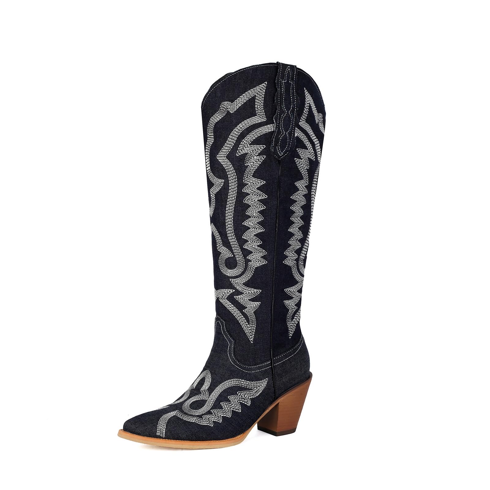 FIFSY Denim Cowboy Boots for Women Embroidered Knee High Cowgirl Boots Pointed Toe Chunky Heel Vintage Western Tall Boots 6.5 Black
