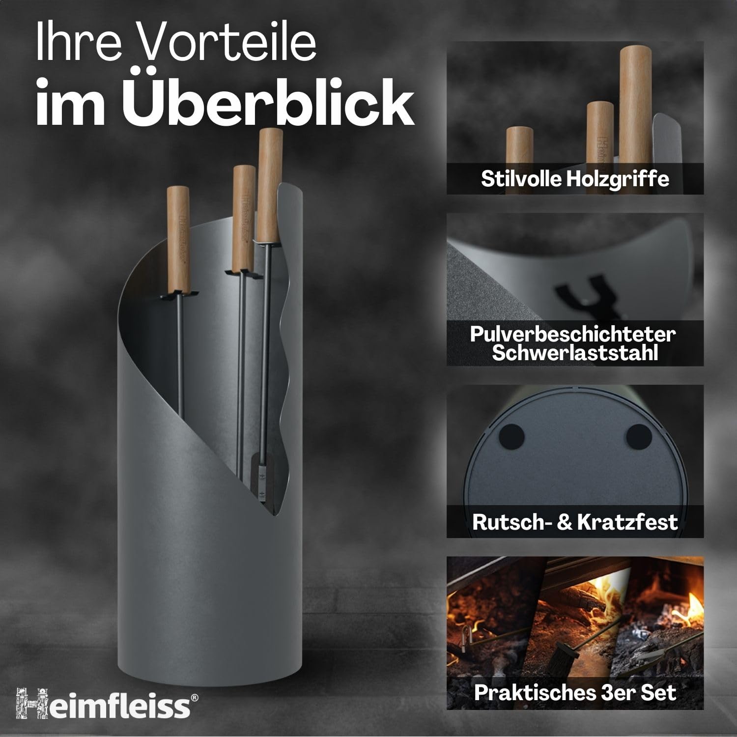 Heimfleiss® Kaminbesteck Modern Grau | Ofenbesteck Kaminbesteck Set | Hochwertiges Kaminset aus Schürhaken & Kehrset | Kaminzubehör mit Holzgriff | Kaminofen Besteck Anthrazit | Kamingarnitur für Ofen