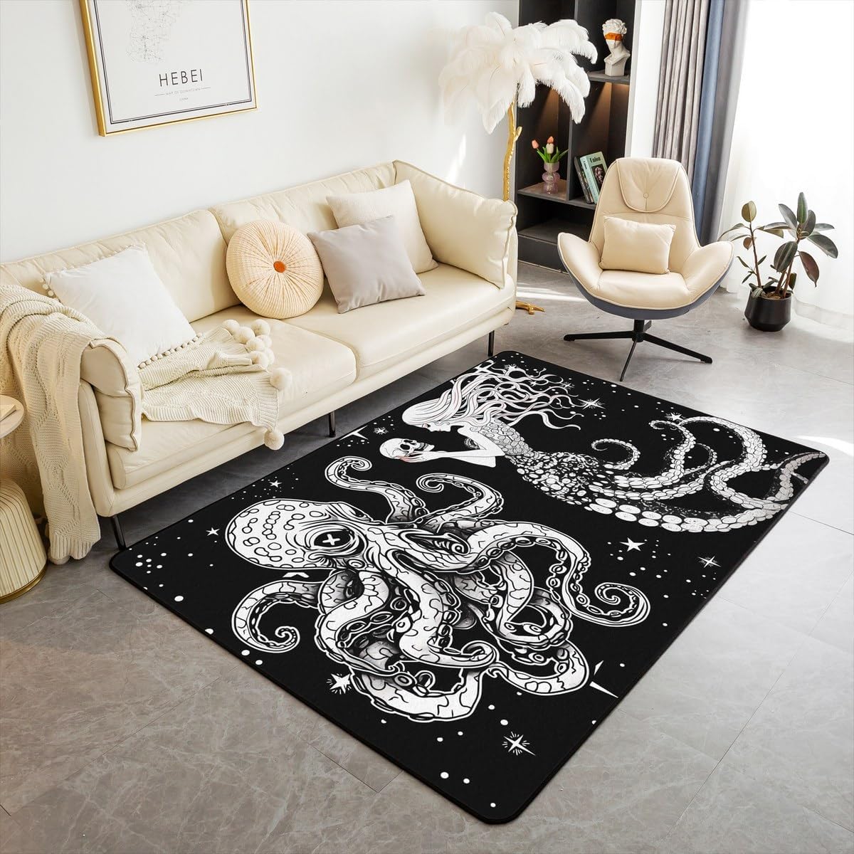 Galaxy Area Rug 3x5,Octopus Tentacles Carpet Kawaii Room Decor,Stars Decorative Rug Fleece Fabric Coastal Creature Indoor Floor Mat Nautical Sea Animal Mermaid Tail Accent Rug Set Black White