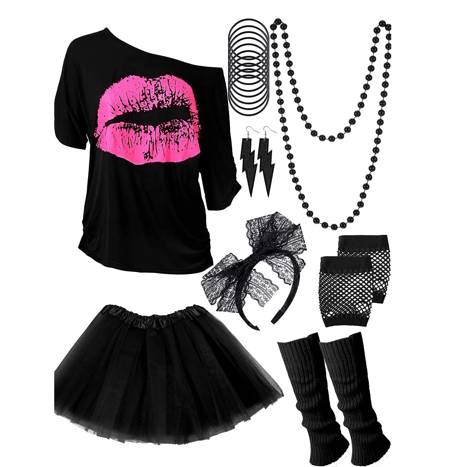 IDOTTA 80s Fancy Dress Costume Accessories Set,1980s T-Shirt Skirt Tutu Headband Gloves Earring Necklace Leg Warmers for Women Girls Party Retro Dress up