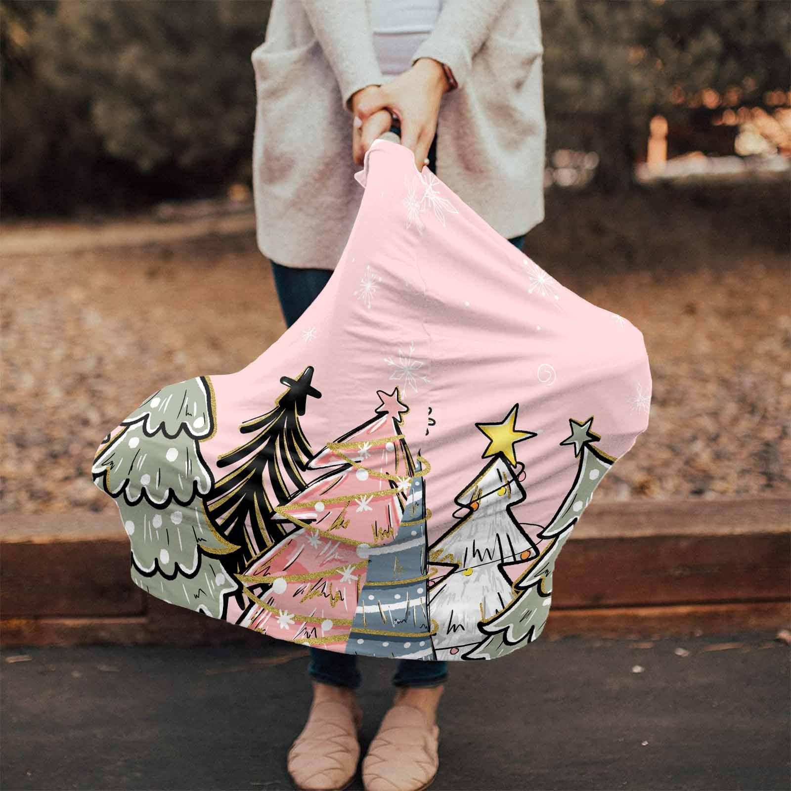 Nursing Cover for Breastfeeding Scarf, Light Pink Hand Painted Christmas Pine Trees Baby Car Covers Super Soft Multi Use for Canopy Shopping Cart Cover Blanket Stroller Cover