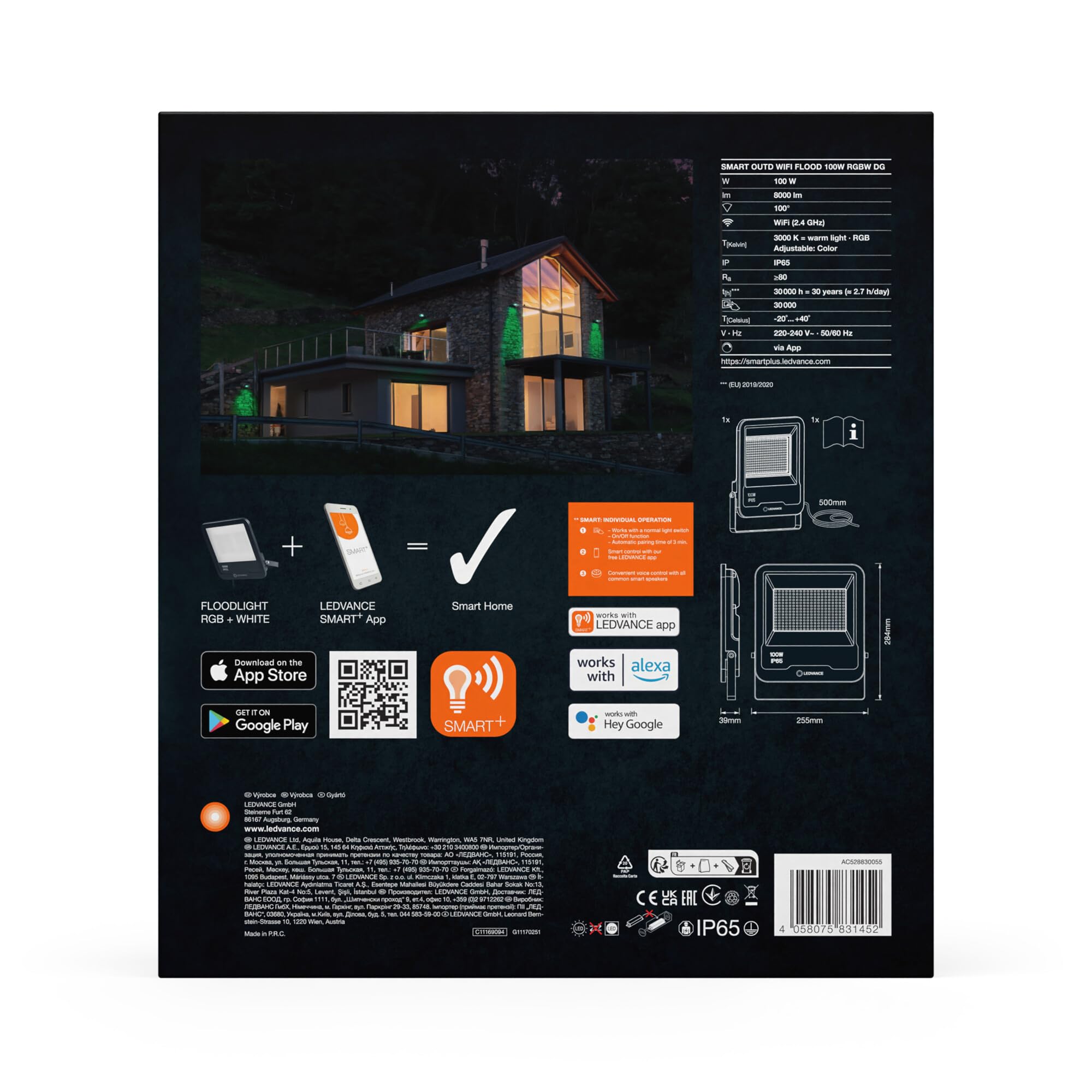 LEDVANCE WIFI Smartes High-Power Flutlicht, dunkelgrau, 100W, 8000lm, regulierbares Farblicht & Weißlicht, dimmbar, App-steuerbar, inklusive Befestigungszubehör, IP65 Schutzklasse, RGBW