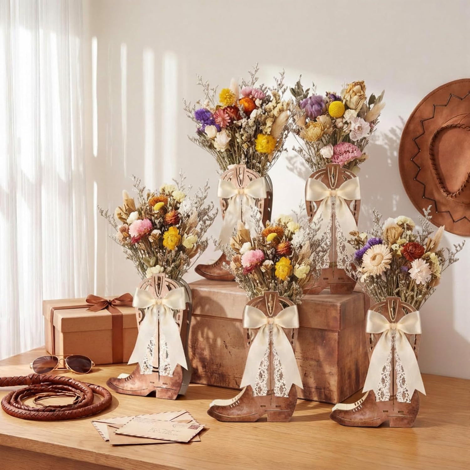 Amyhill Western Cowgirl Boots Flower Boxes Centerpiece Boot Shape Wood Boxes Decor Western Theme Party Cowgirl Favors Tabletop for Cowboy Birthday Party Baby Shower Wedding Supplies(Beige,6 Pcs)