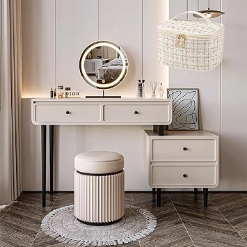 Kaptafel, kaptafel met Spiegel en verlichting met 4 Lade en kruk, voor slaapkamer80cm