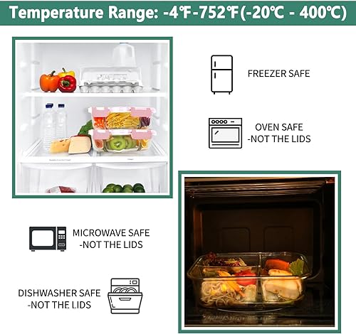 Miniatura 10 de HOMBERKING Paquete de 8 recipientes de vidrio para preparación de comidas, 3 compartimentos, recipientes de vidrio de almacenamiento de alimentos de