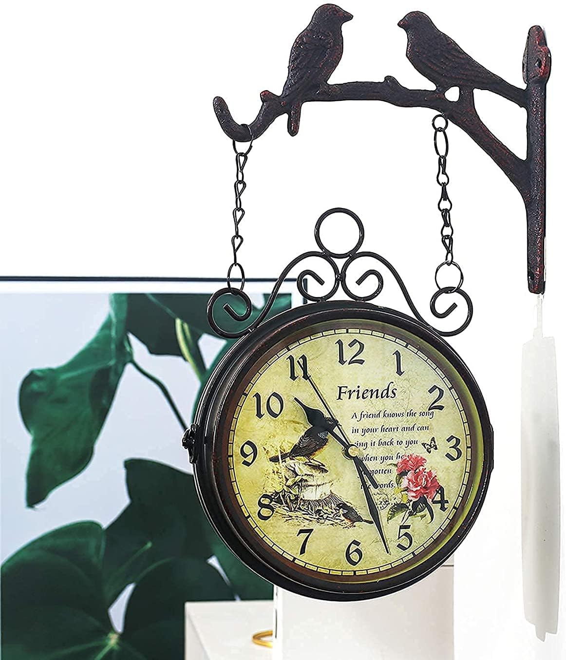Double-Sided Wall Clock, Garden Clock with Waterproof Cover, Retro Iron Wall Bracket Clock, Outdoor Clock, Suitable for Indoor