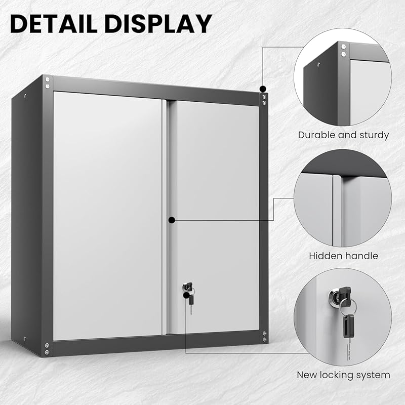 Garage Storage Cabinet, Wall Mounted Garage Cabinets with Adjustable Shelf, Heavy Duty Wall Mount Metal Cabinet, Locking Cabinet with Doors, Hanging Cabinet for Basement, Utility Room, Grey 28"H-Wall Black+grey