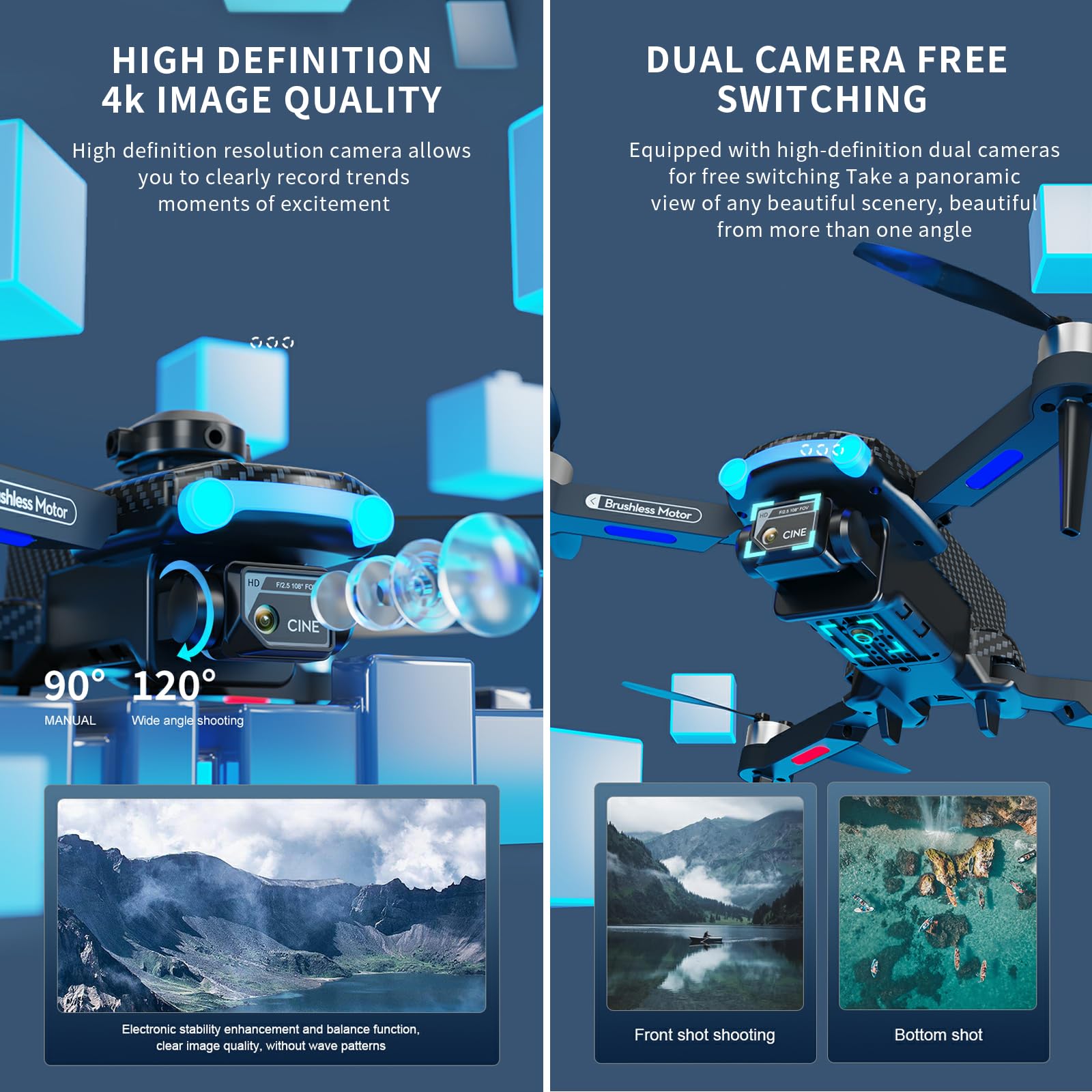 Infaebo Drone Con Fotocamera 4K, Localizzazione Del Flusso Luminoso In Sospensionetesta Di Evitamento Ostacoli A 360 Motore Senza Spazzoledrone Telecomandato Con 2 Batterie Arancione