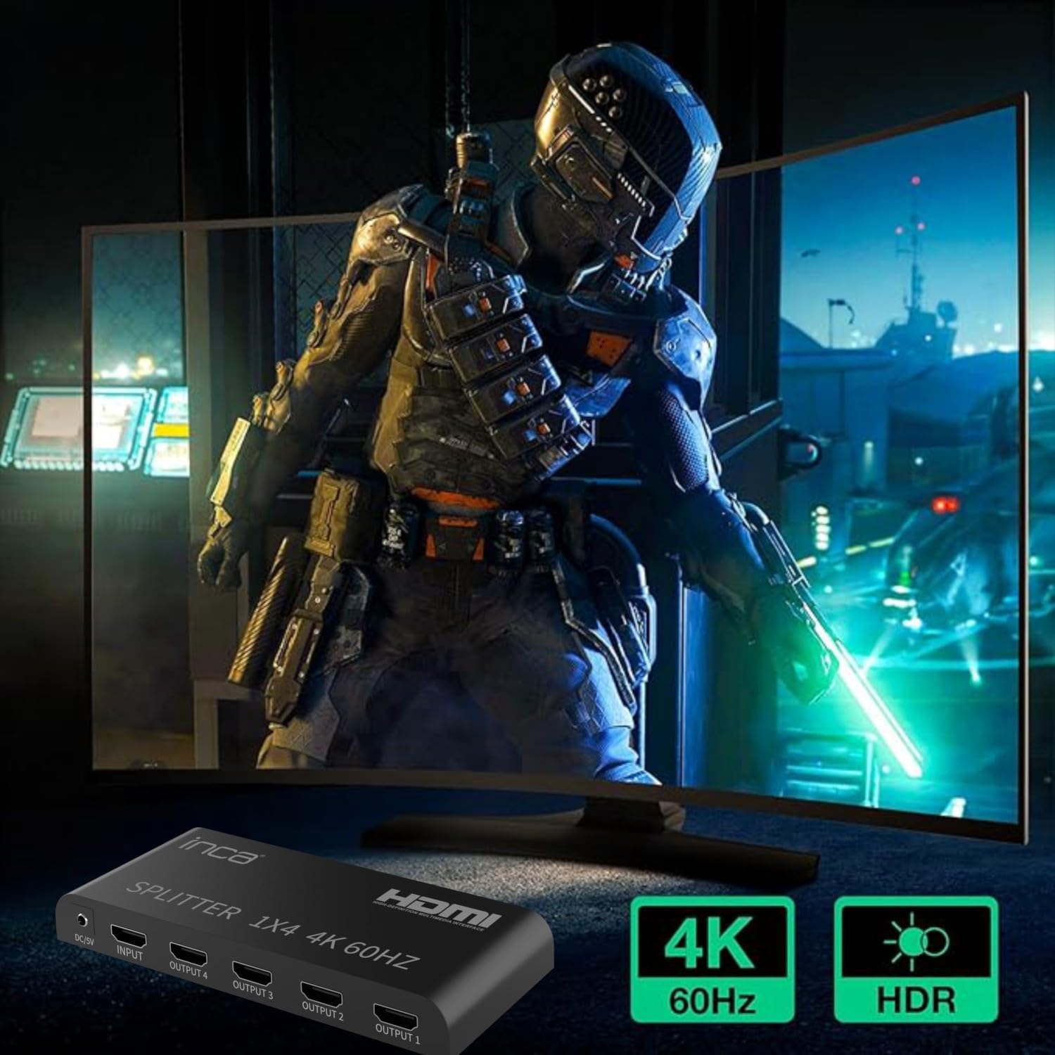 inca IHSK-460, HDMI Splitter, 1 In 4 Out 4K@60Hz, HDMI 2.0, HDCP 2.2, HDR & 3D, 1x4 Splitter, 4 Port für PS5, Xbox, Fire TV, Beamer