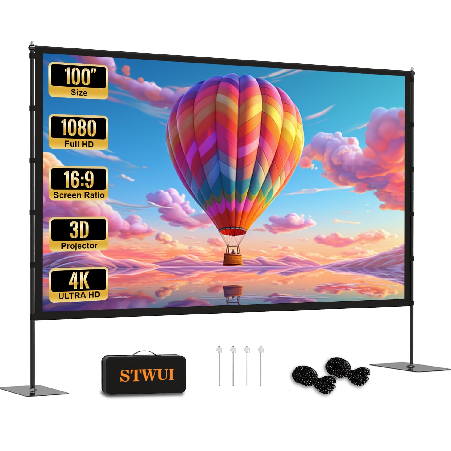 STWUI Projector Screen with Stand - 100 Inch Portable Projector Screen Outdoor Indoor Projector Screen 16:9 4K HD Outdoor Movie Screen with Carry Bag Can Enioy Home Theater Projection Screen