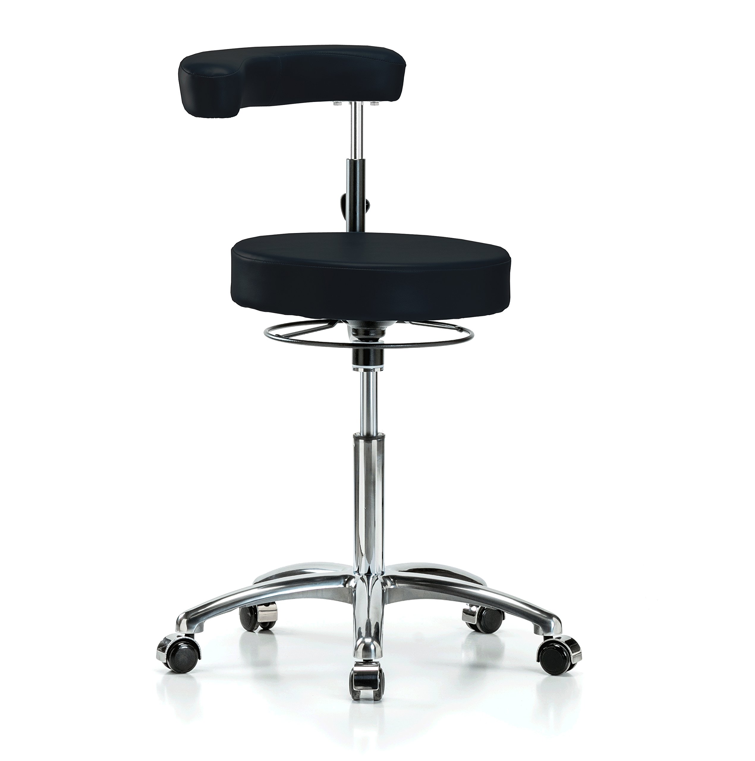Perch Chrome Rolling Dental Stool Adjustable Height with Procedure Arm for Hardwood or Tile Floors, Workbench Height (Black Vinyl)
