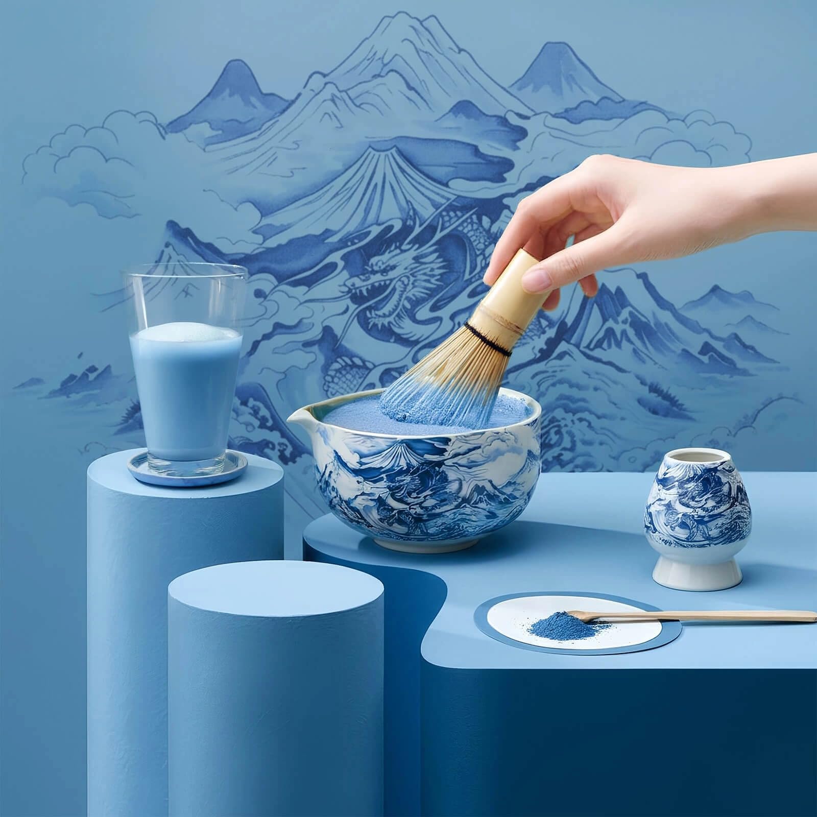 Set da Matcha Dragon – Tè Verde Mary Rose Matcha 100g con Ciotola, Accessori in Bambù e Supporto in Ceramica