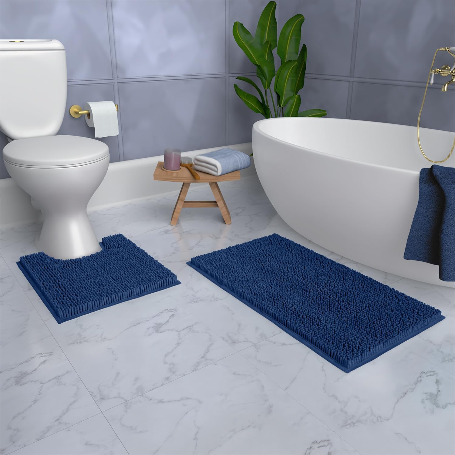 Bathroom Rugs Sets 2 Piece, Luxury Chenille Bath Mat Set, Soft Plush Anti-Slip Bath Rug + U-Shaped Toilet Mat. Microfiber Shaggy Carpet, Super Absorbent. (31''x 20'' Plus 20'' x 20'' U, Blue)