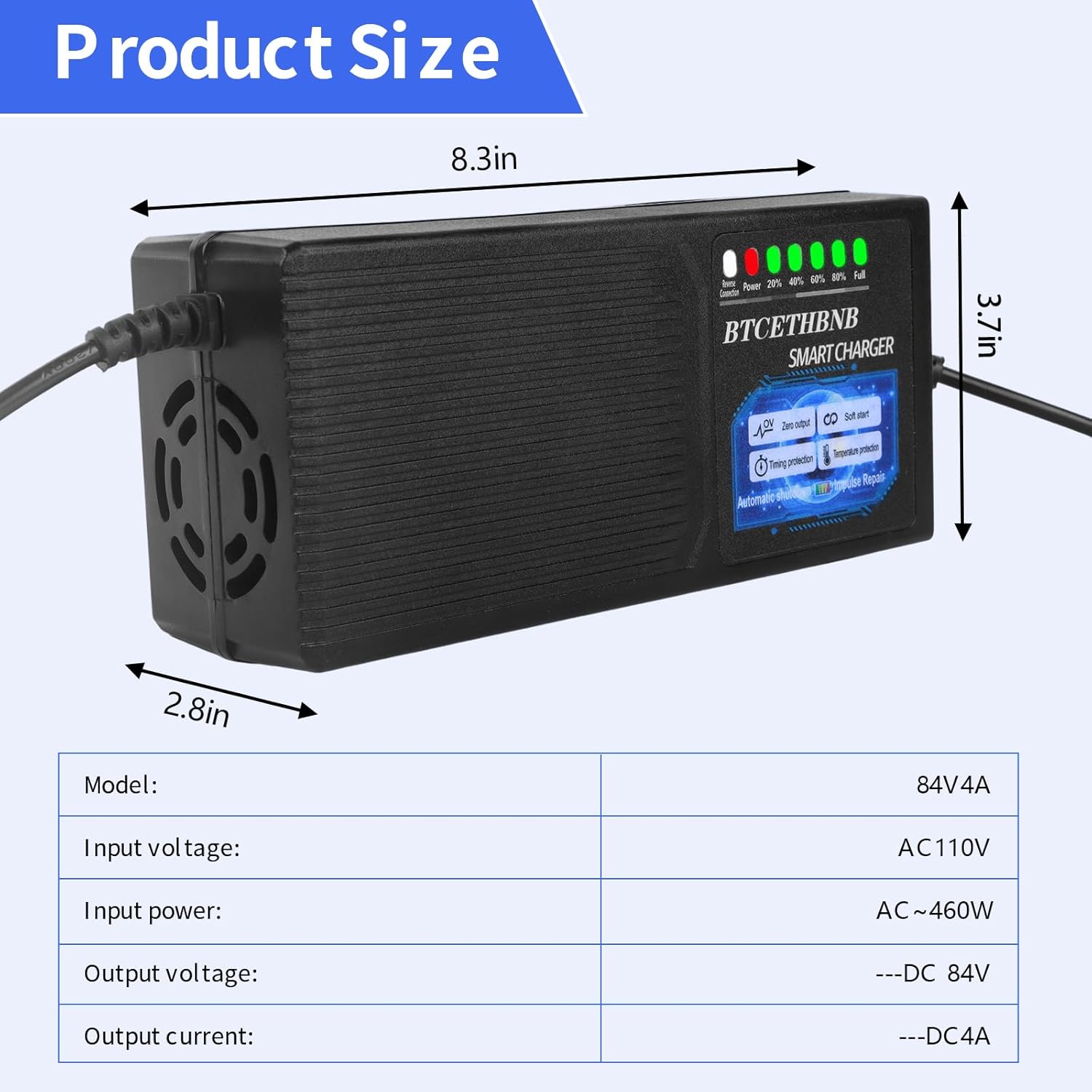 Li-ion Battery Charger Output 84V 4A Battery Charger for 72V 20S Ternary Lithium or 23S LiFePO4 Battery Pack XT60 Connector